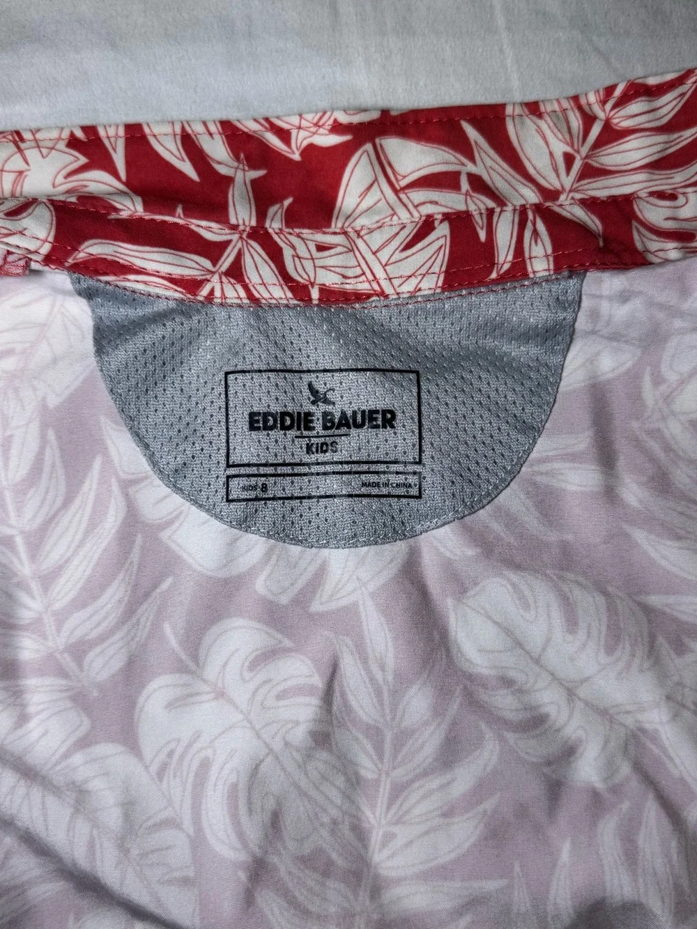 Eddie Bauer Red and White Tropical-Print Boy’s Short-Sleeve Button-Down